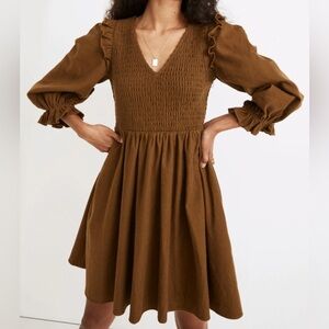 Madewell Flannel Lucie V-Neck Smocked Mini Dress. Size Small. 100% Cotton